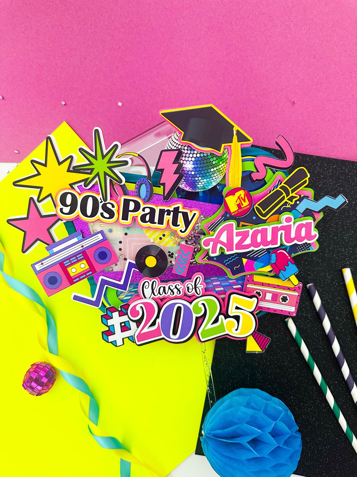 Custom 90s Theme Graduation Cake Topper: Retro Party Decor