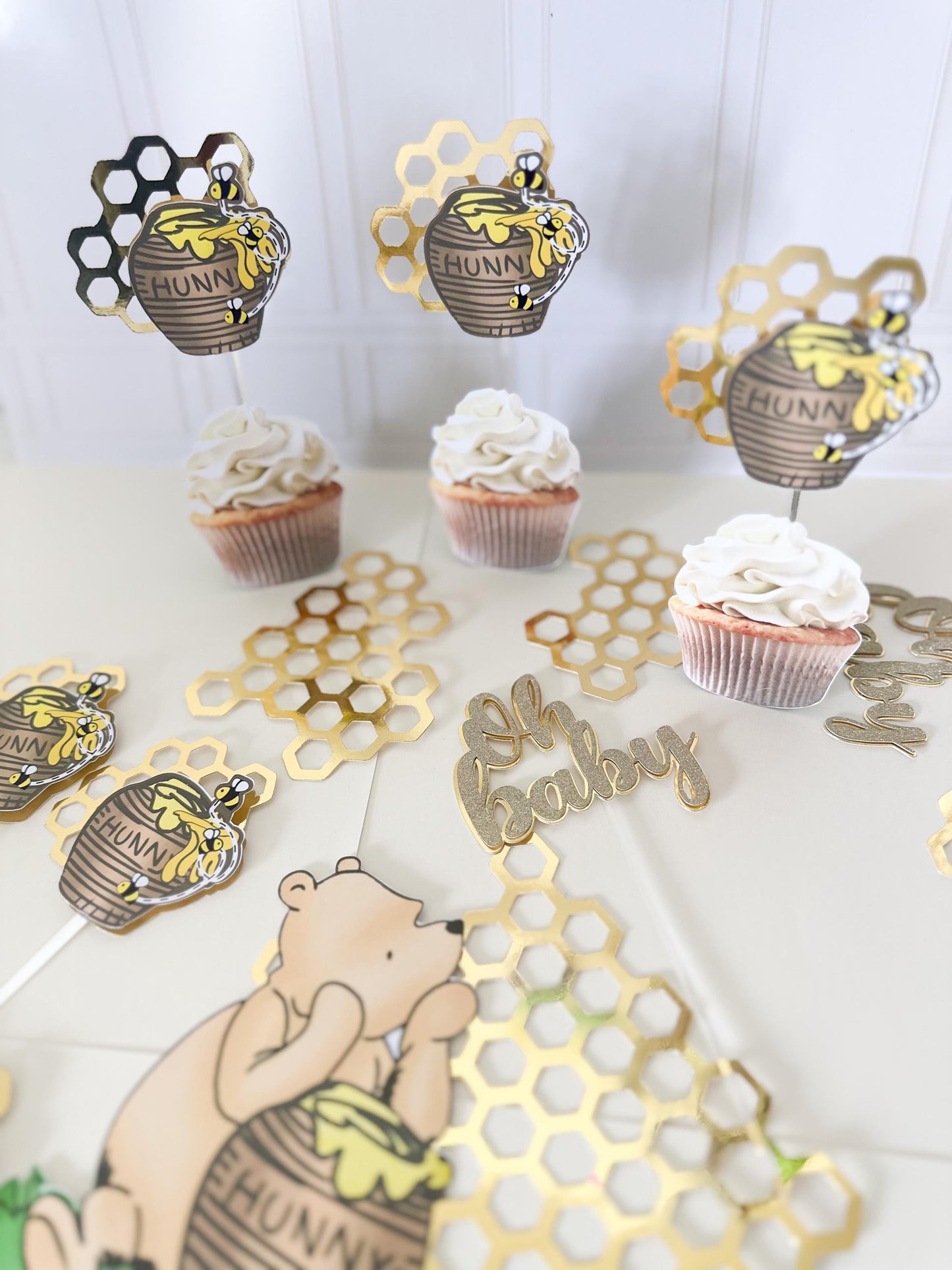 Honey Bear & Bee cake decoration, Cake topper, gold foil honeycomb, cupcake toppers, banner, 3d letters, bear party