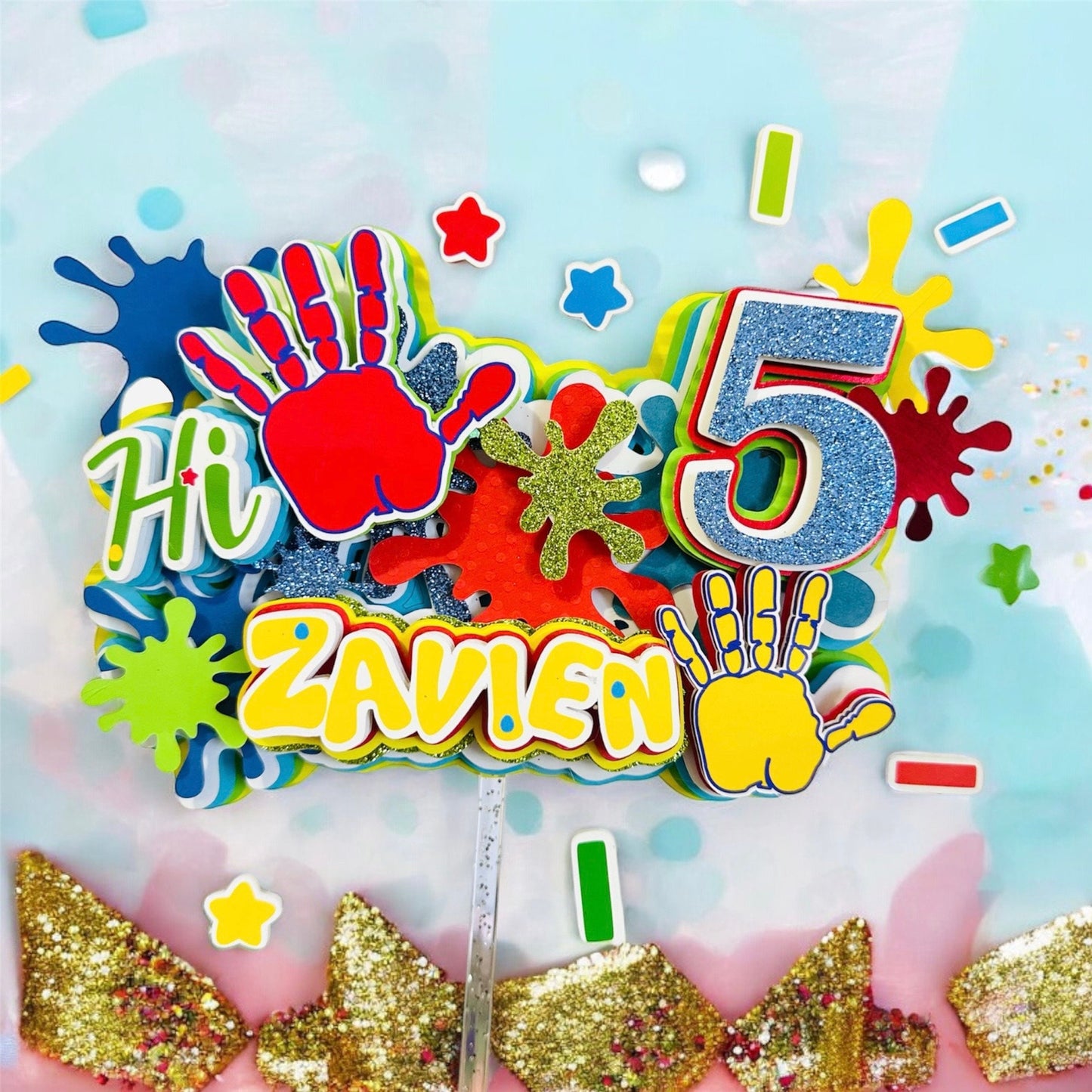 Paint Party Splatter Cake Topper, Custom Splatter Cake Topper, Hi Five Splatter-Themed, Hi Five Paint Cake Topper, 5th Birthday Cake Topper