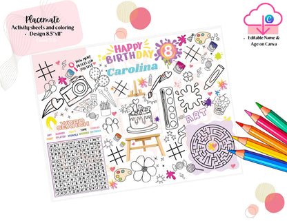 Paint Party Birthday Coloring Placemat: Editable Art Activity (Digital Download)