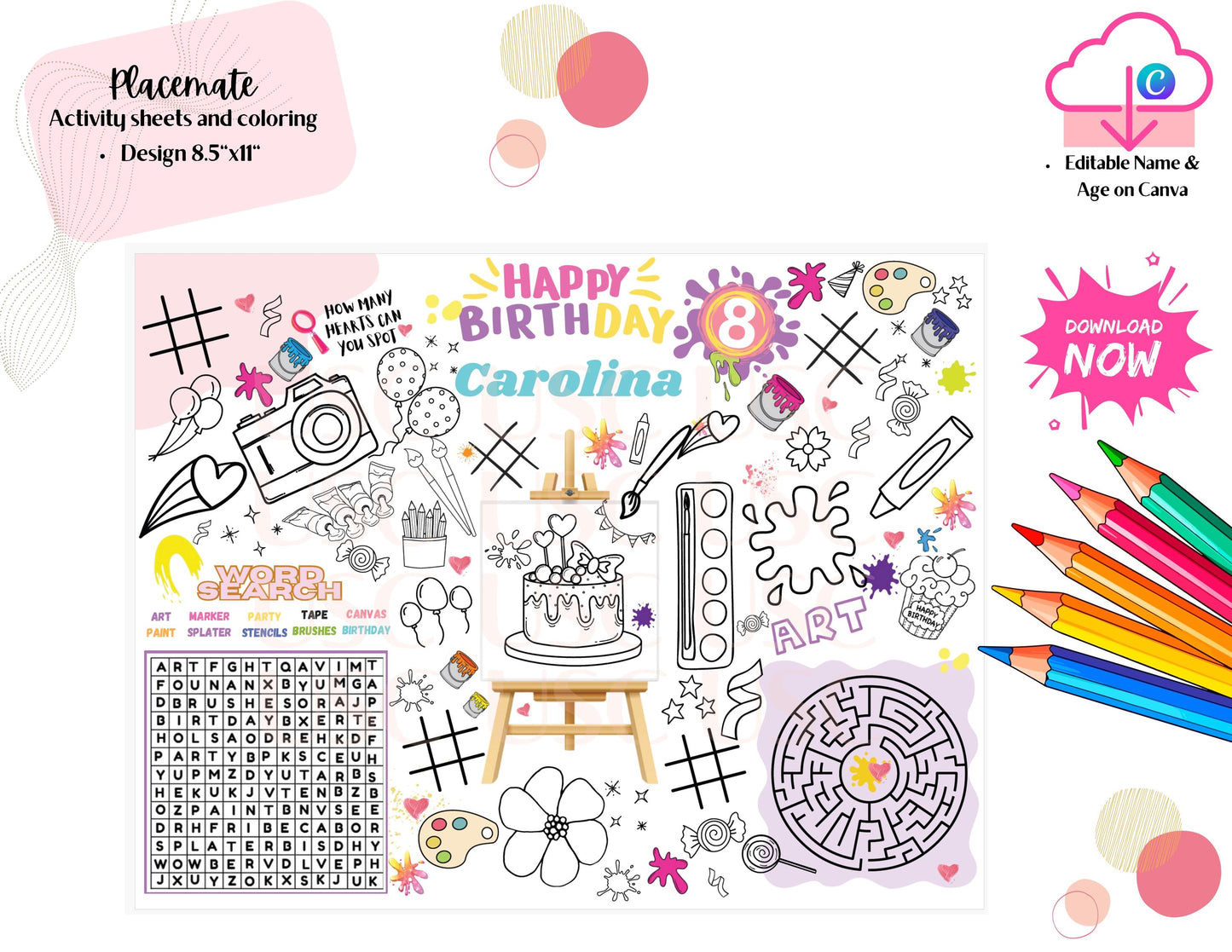 Paint Party Birthday Coloring Placemat: Editable Art Activity (Digital Download)