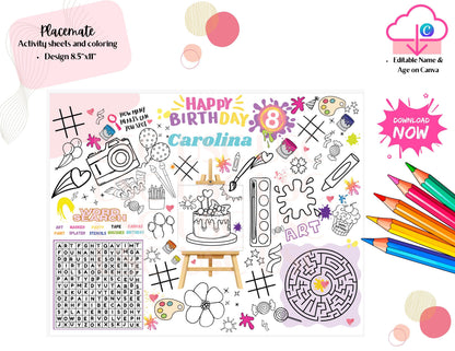 Paint Party Birthday Coloring Placemat: Editable Art Activity (Digital Download)