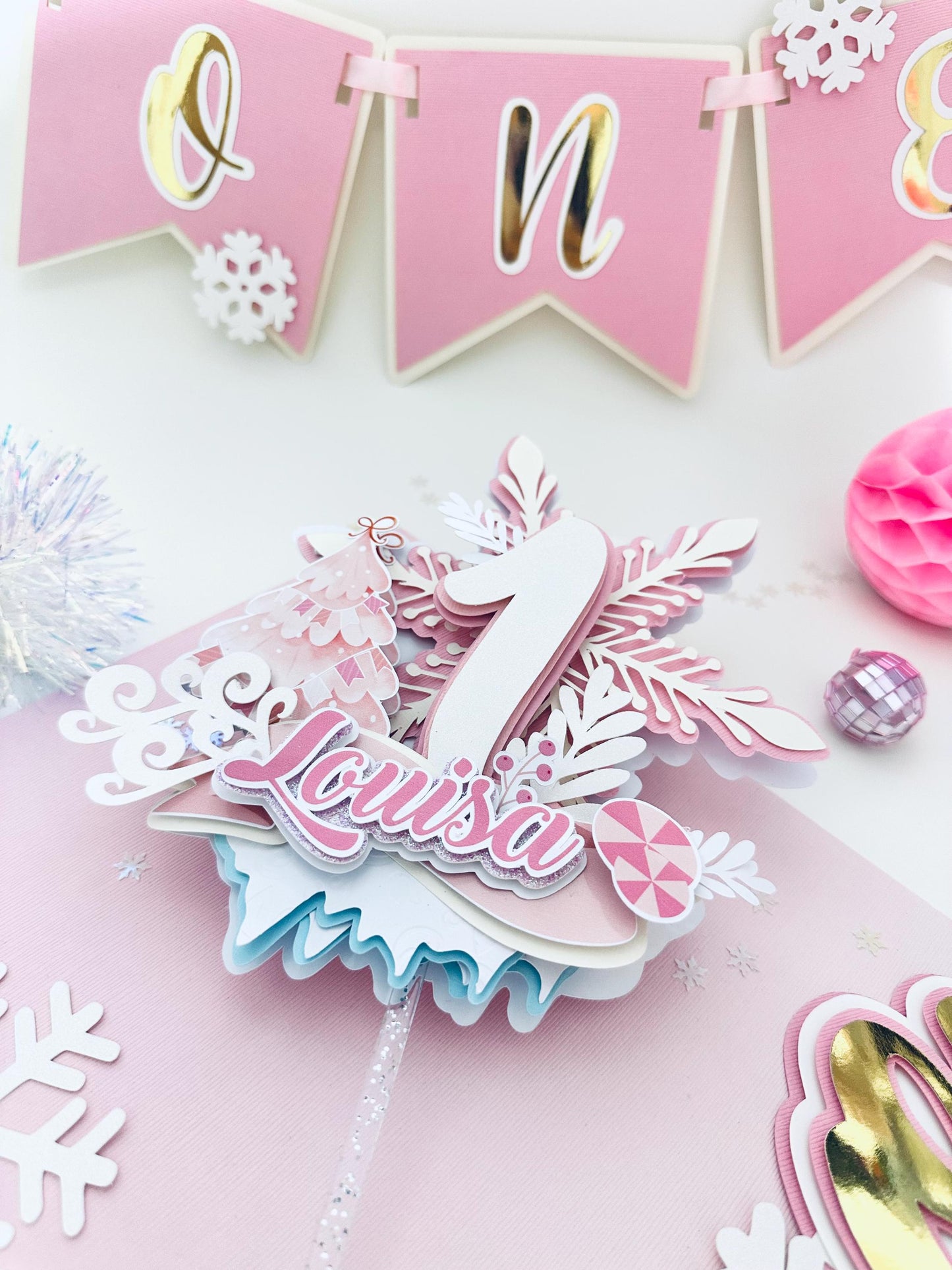 Winter ONEderland Cake Topper: Pink Snowflake First Birthday Decor