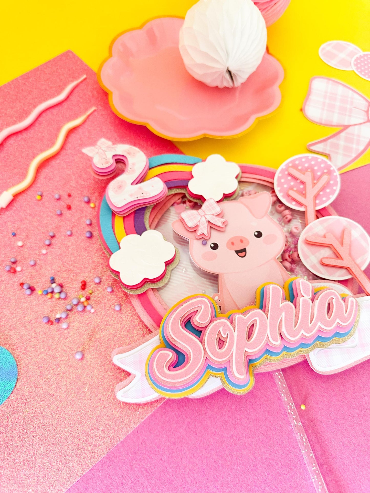 Personalized Pig Cake Topper, Farm Party Centerpiece, Pink Piggy Theme, Barnyard Party Decoration,Pink Piggy Party Decoration
