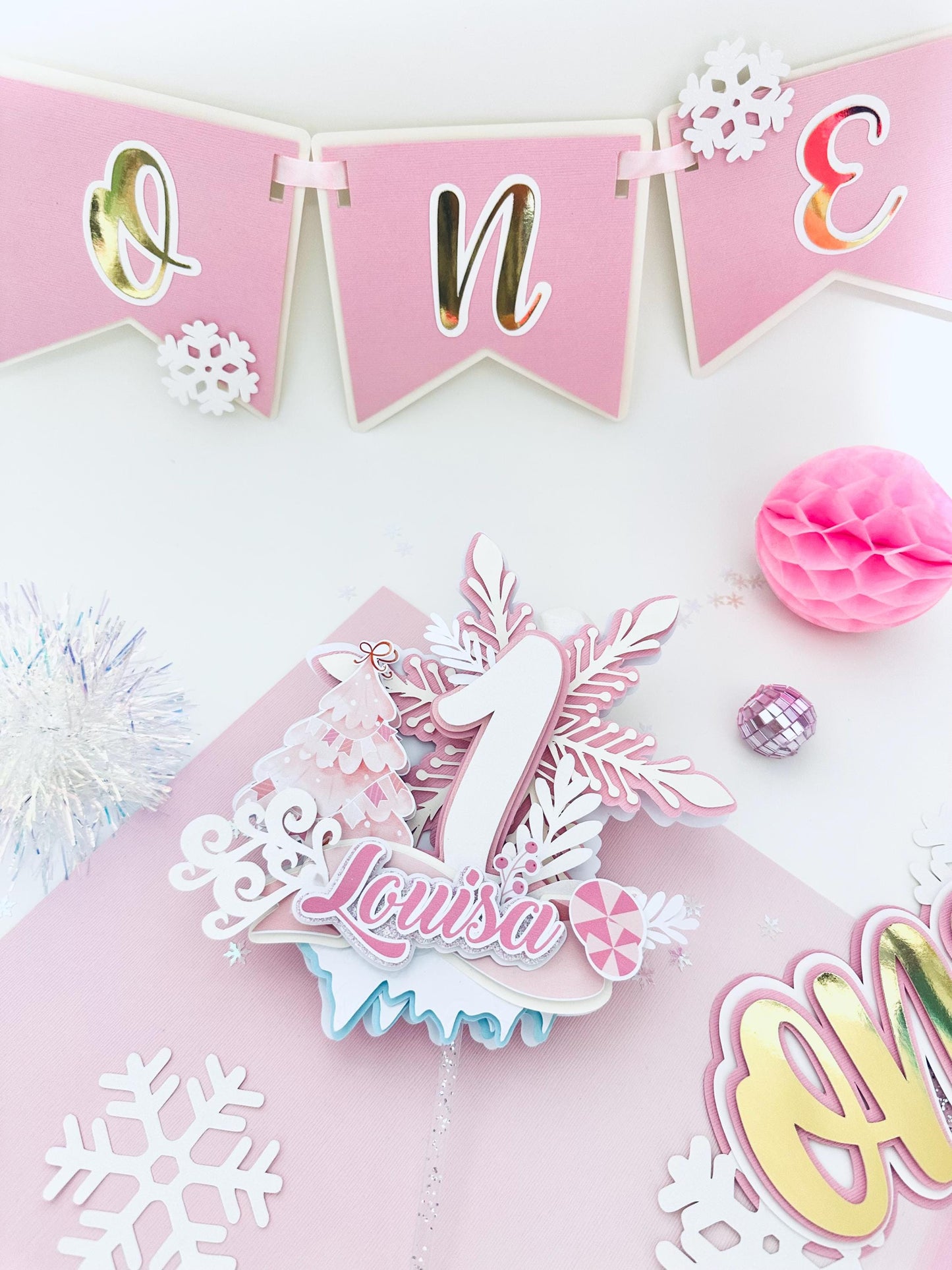 Winter ONEderland Cake Topper: Pink Snowflake First Birthday Decor