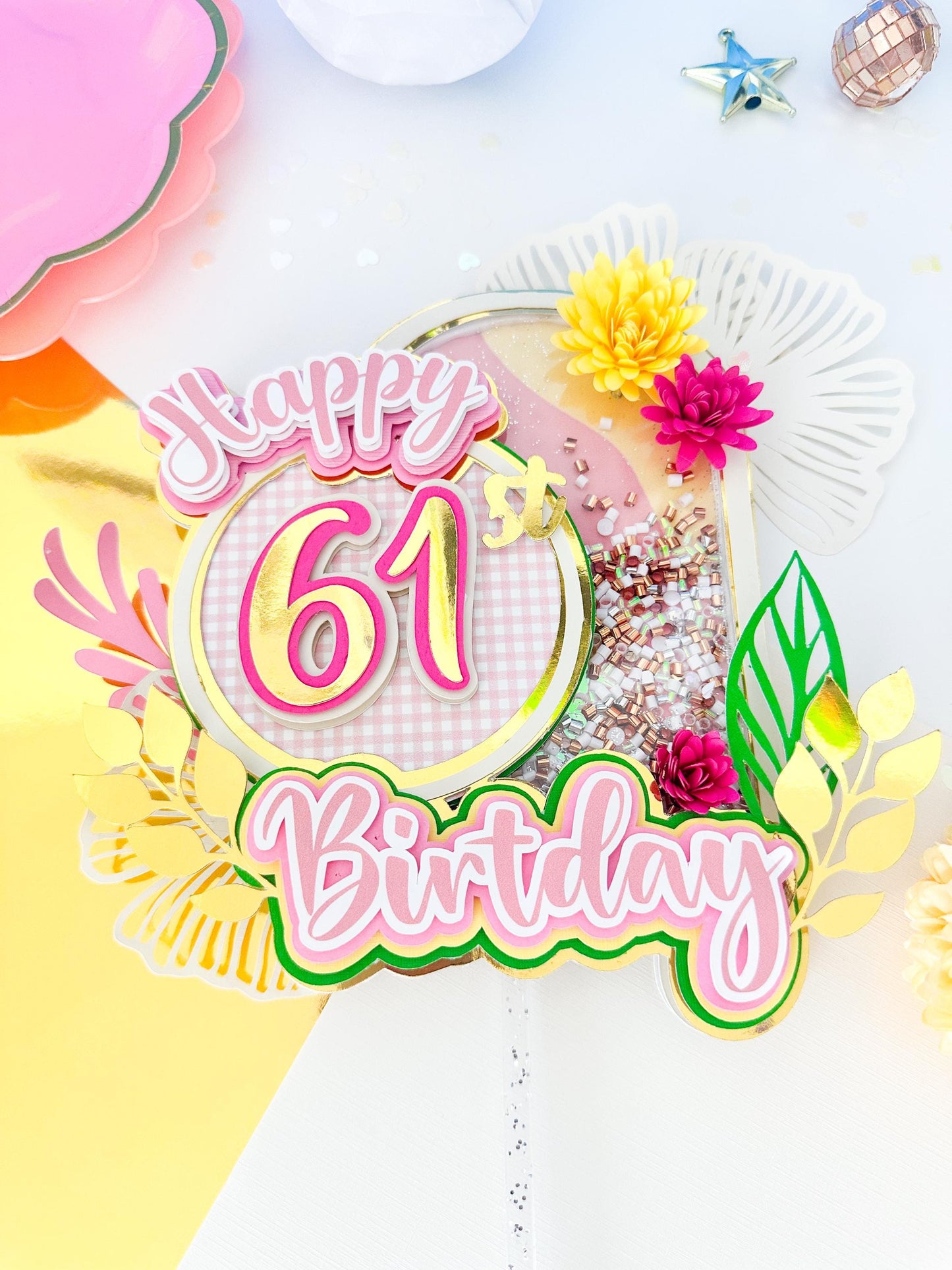 61st Birthday | 80st Birthday| Pink & Gold 61st Birthday Cake Topper | Elegant Party Decorations |61st Birthday Centerpiece | 80st Birthday