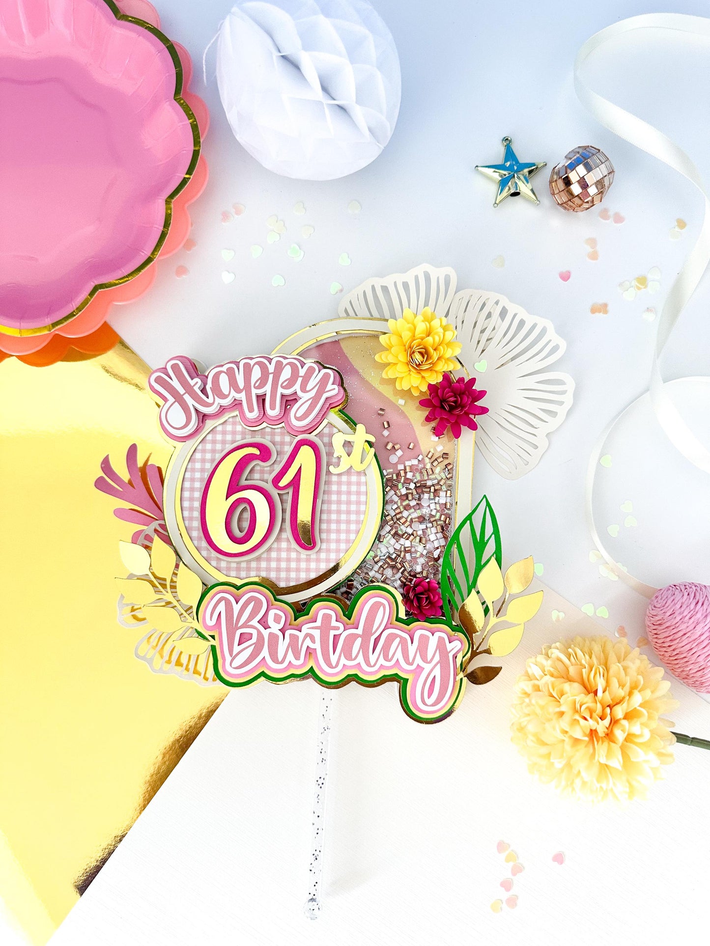 61st Birthday | 80st Birthday| Pink & Gold 61st Birthday Cake Topper | Elegant Party Decorations |61st Birthday Centerpiece | 80st Birthday