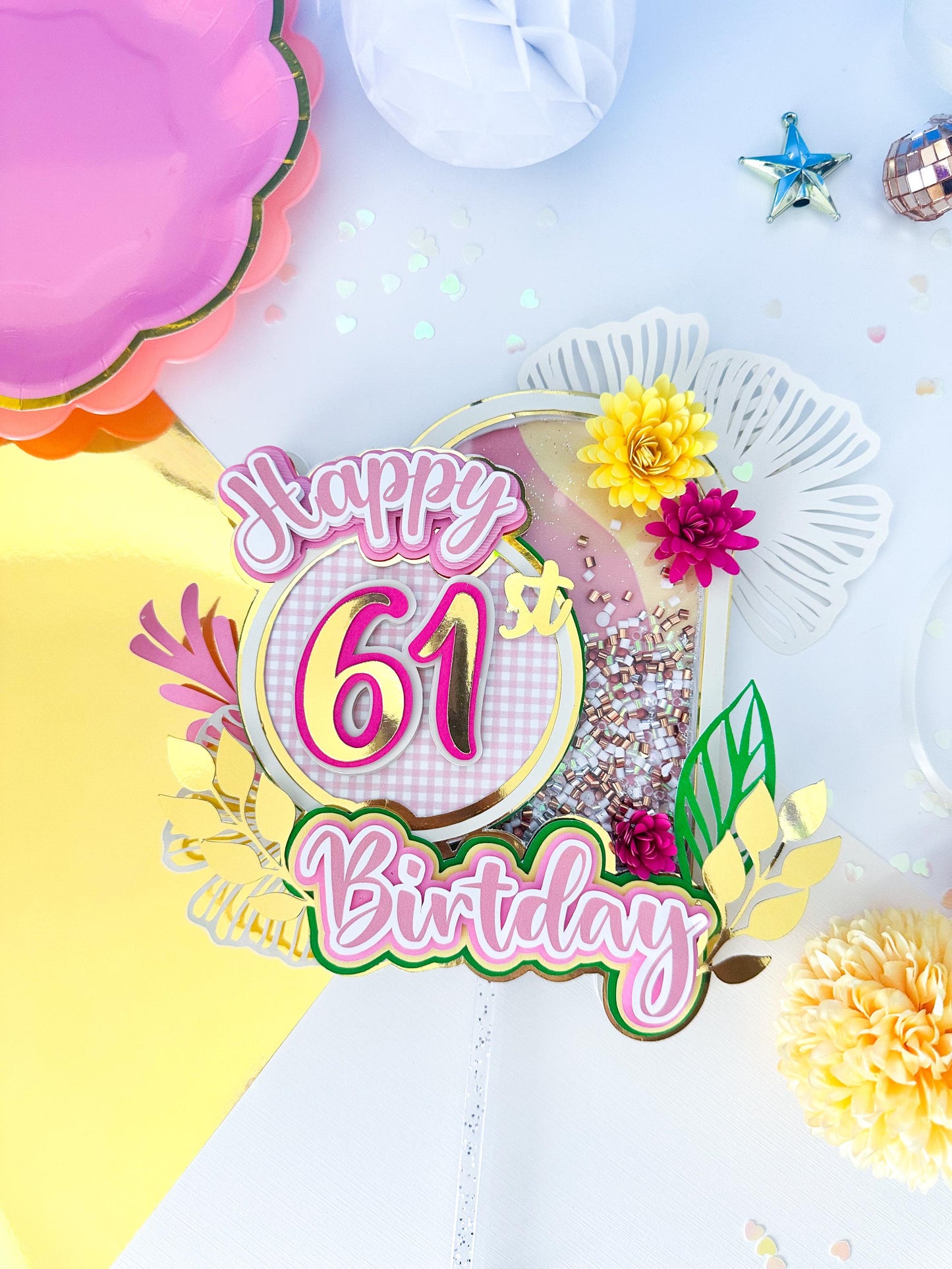 61st Birthday | 80st Birthday| Pink & Gold 61st Birthday Cake Topper | Elegant Party Decorations |61st Birthday Centerpiece | 80st Birthday