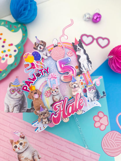 Puppy & Kitty Pawty Cake Topper: Pet Birthday Decoration