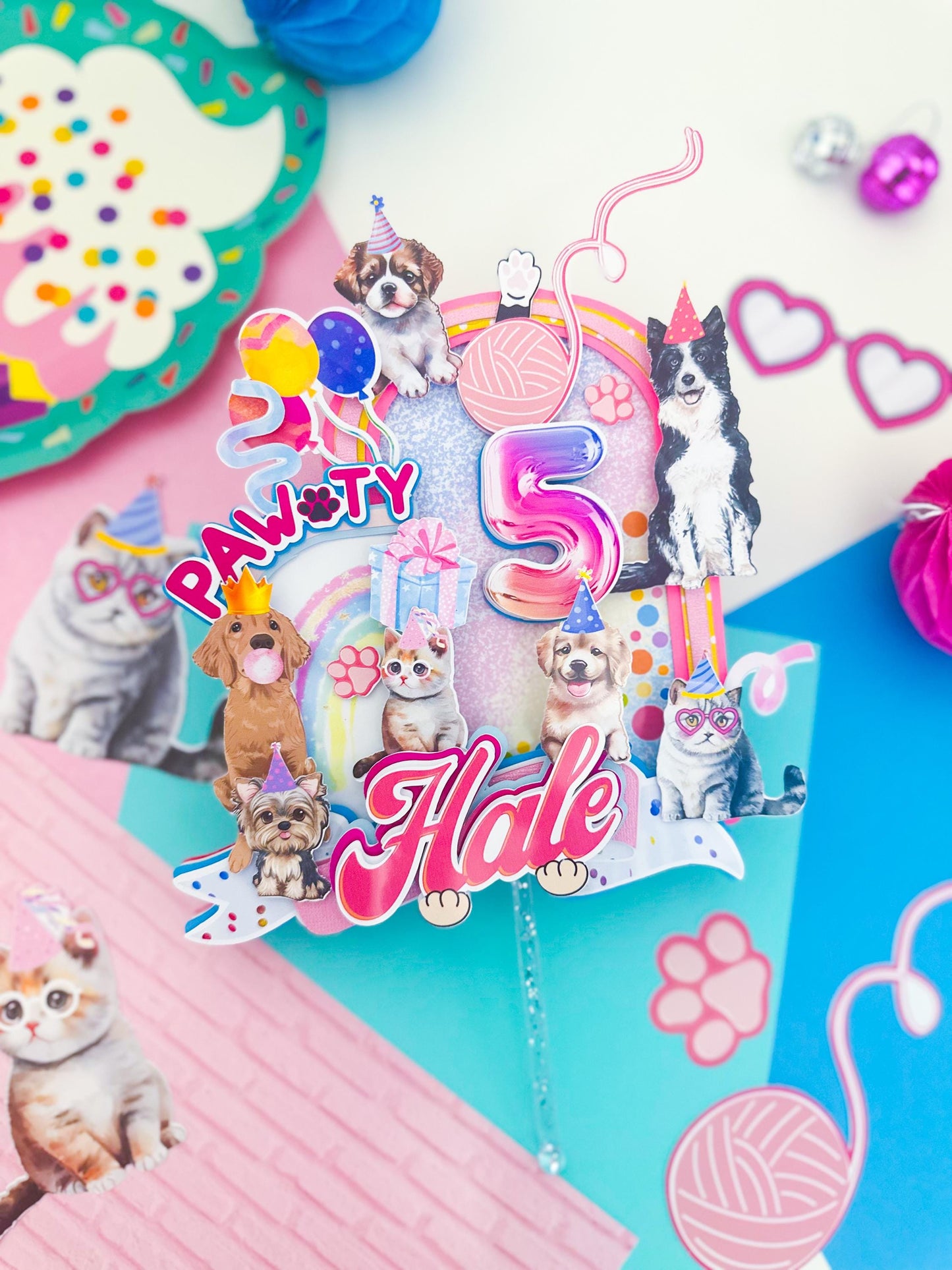 Puppy & Kitty Pawty Cake Topper: Pet Birthday Decoration