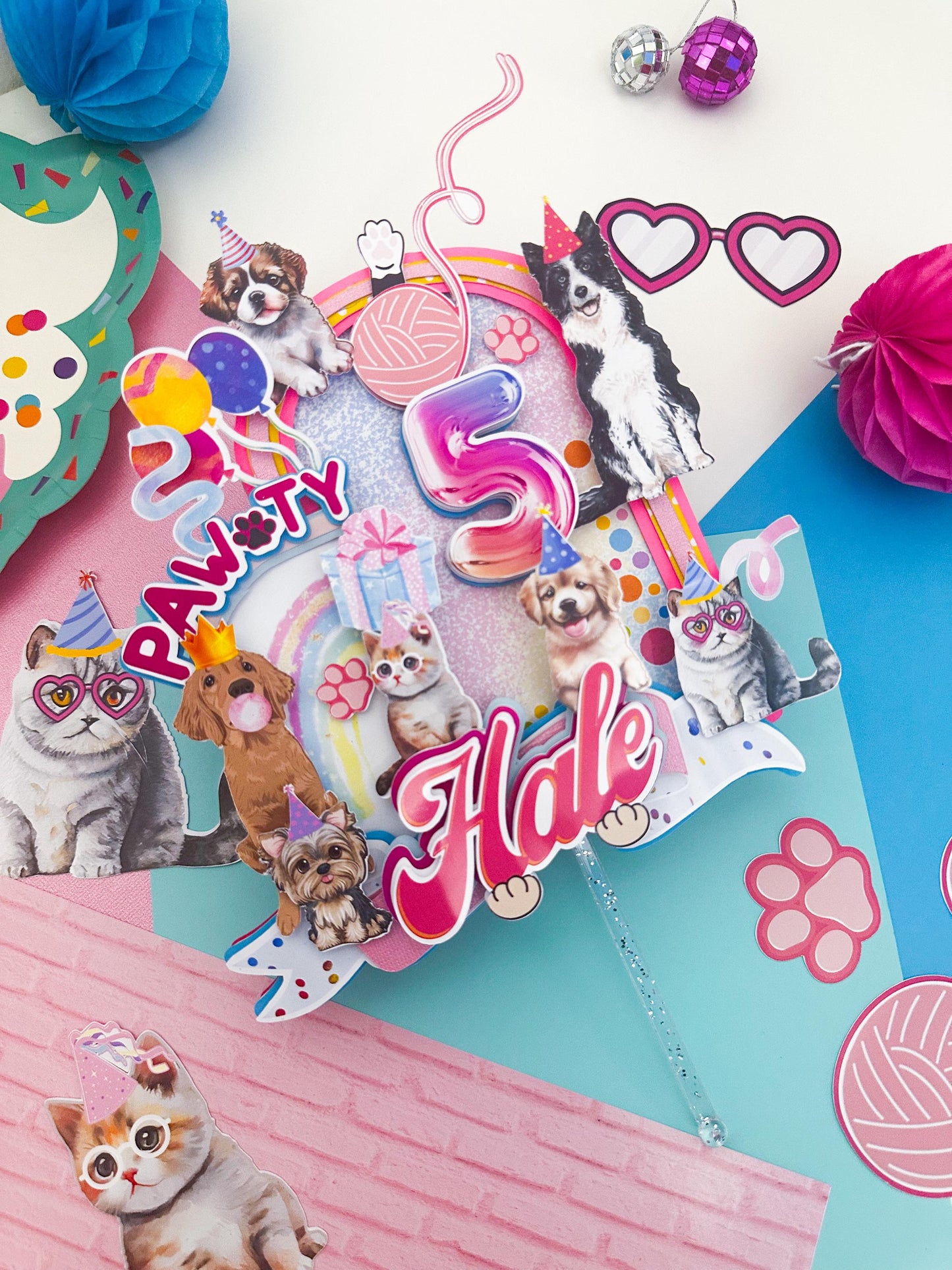 Puppy & Kitty Pawty Cake Topper: Pet Birthday Decoration