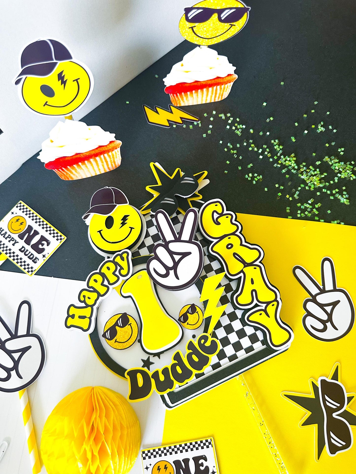 Smiley Face Cake Topper: Happy Dude 1st Birthday Party