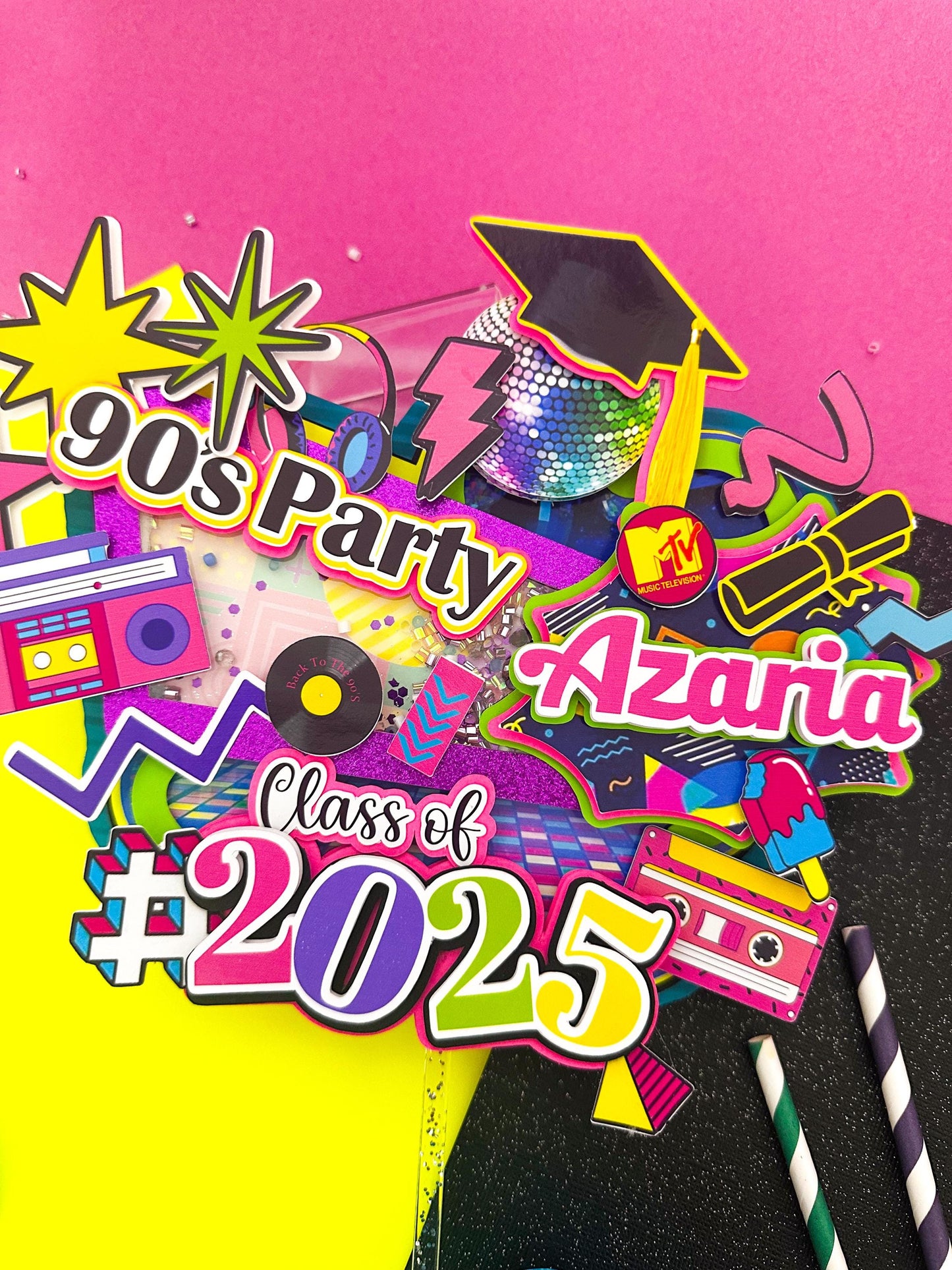 Custom 90s Theme Graduation Cake Topper: Retro Party Decor