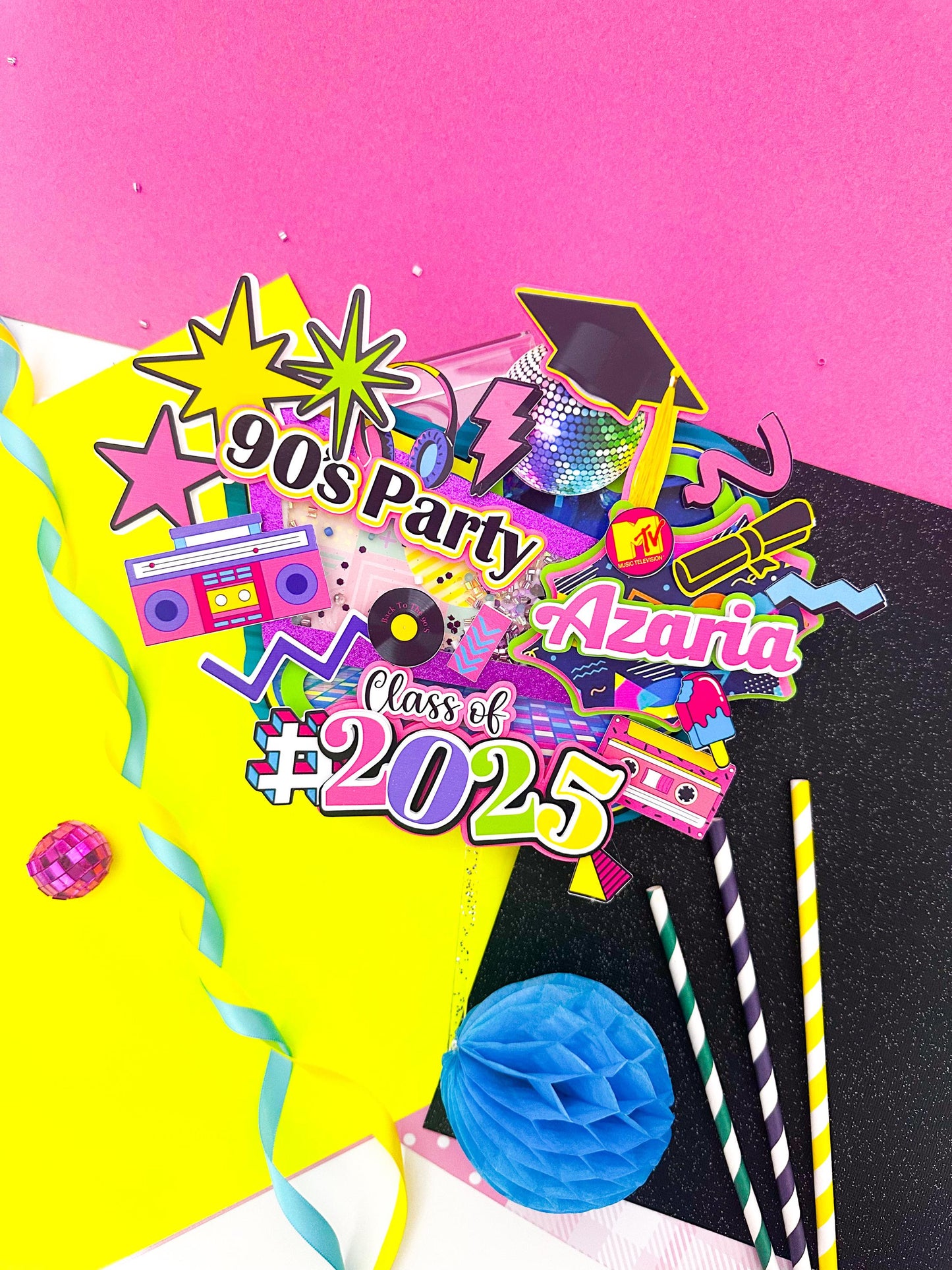 Custom 90s Theme Graduation Cake Topper: Retro Party Decor