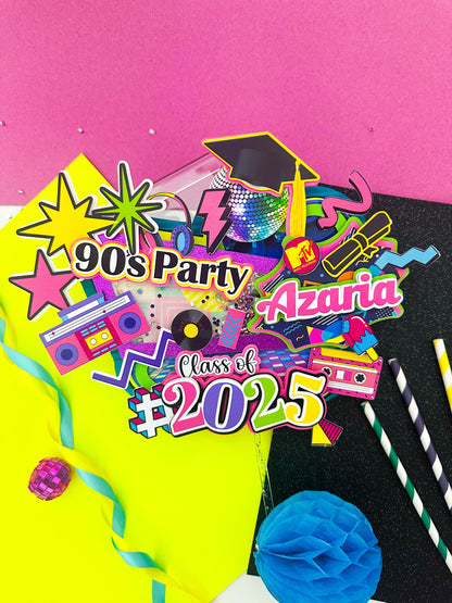 Custom 90s Theme Graduation Cake Topper: Retro Party Decor