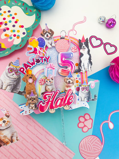 Puppy & Kitty Pawty Cake Topper: Pet Birthday Decoration