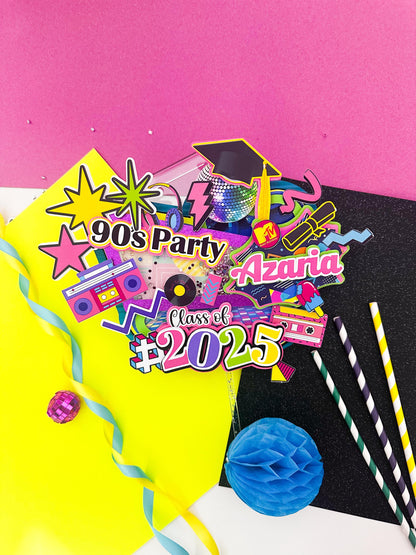 Custom 90s Theme Graduation Cake Topper: Retro Party Decor