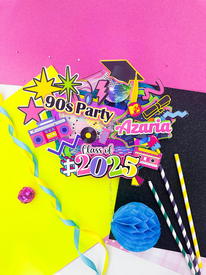Custom 90s Theme Graduation Cake Topper: Retro Party Decor