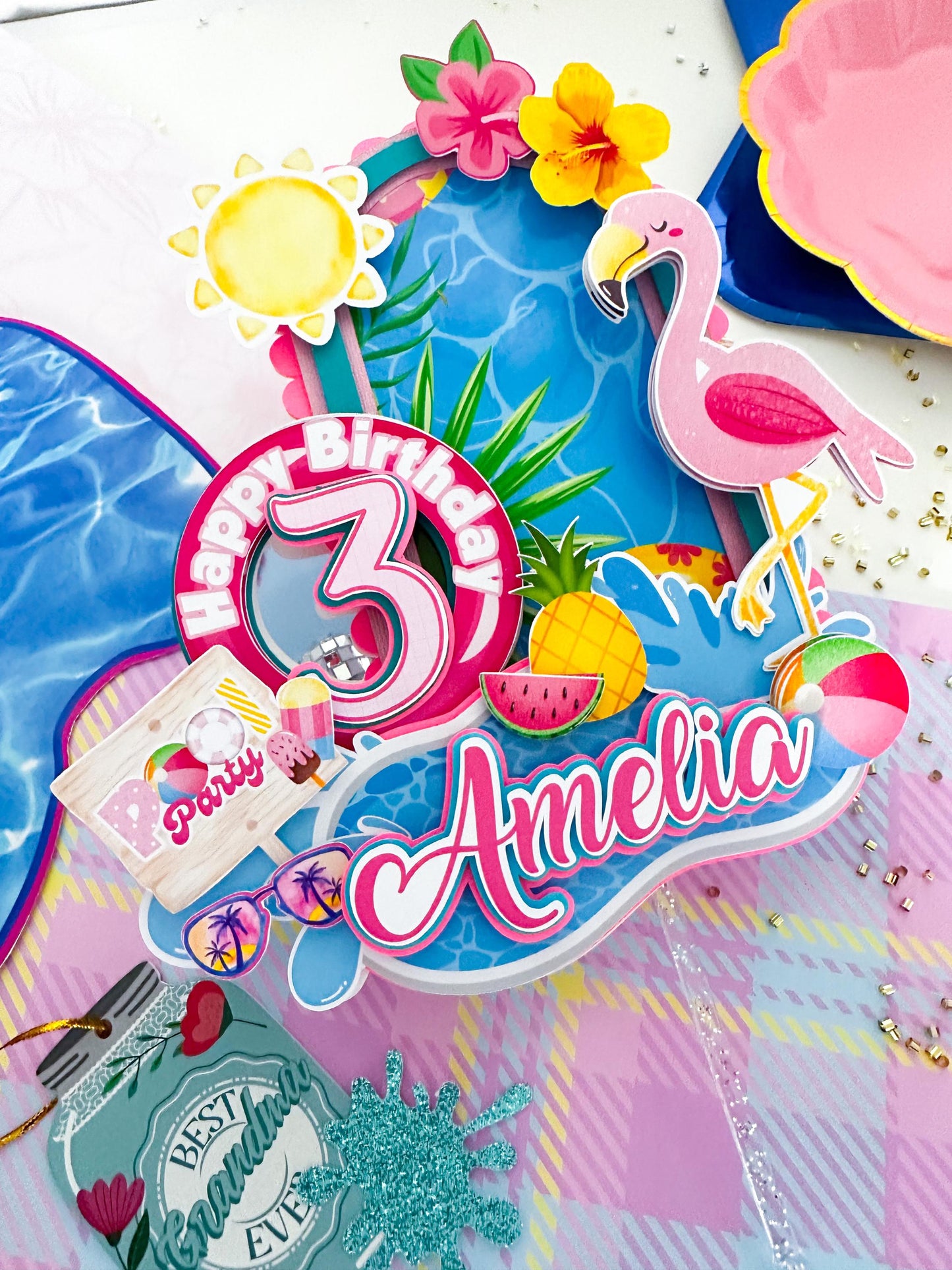 Pool Party Cake Topper: Flamingo Tropical Summer Decoration