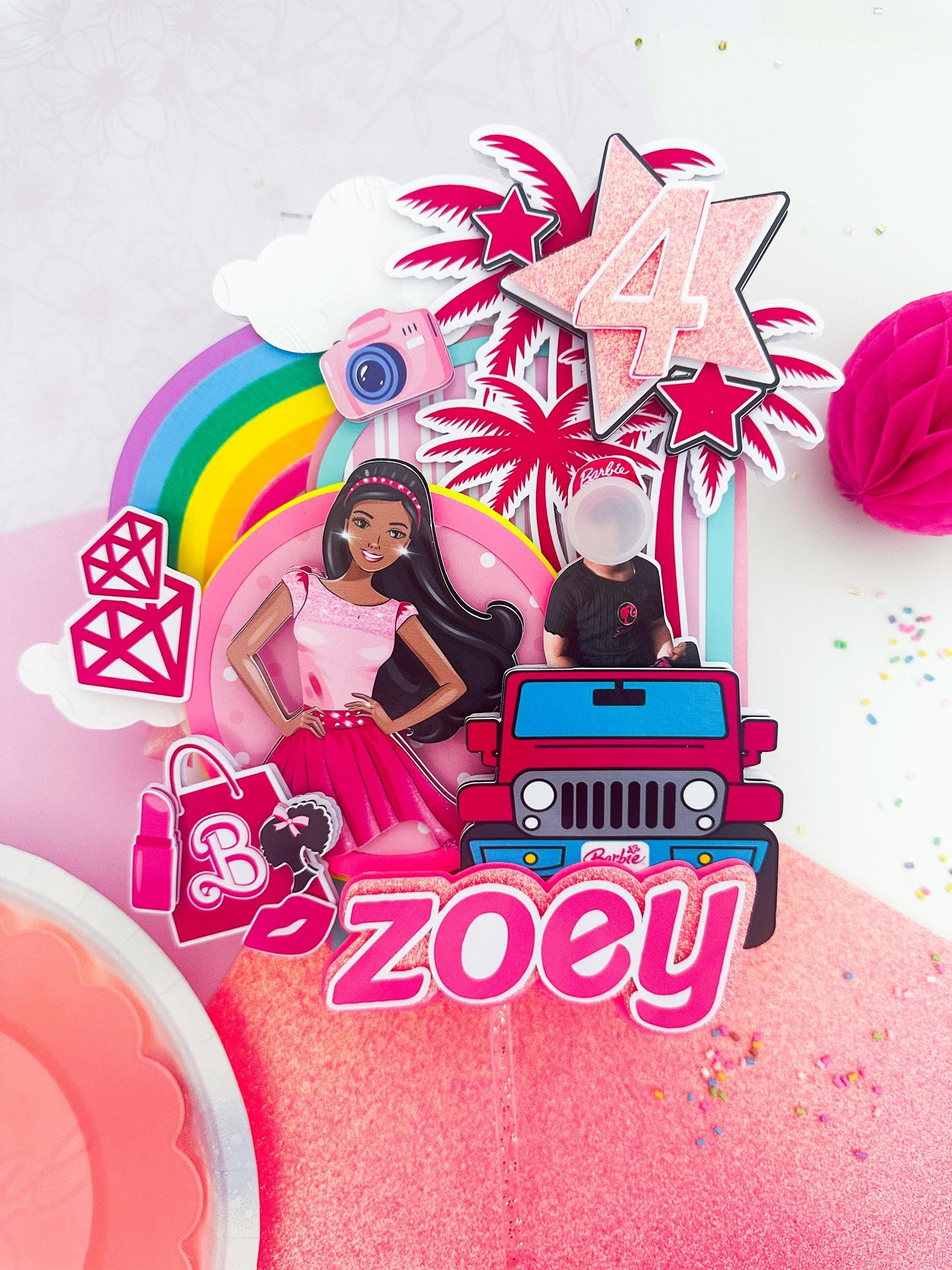 Flamingo Pool Party Cake Topper: Fashion Doll Tropical Decor