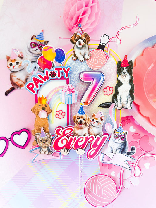 Puppy & Kitty Pawty Cake Topper: Pet Birthday Decoration