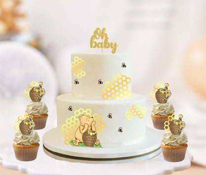Honey Bear & Bee cake decoration, Cake topper, gold  foil honeycomb, cupcake toppers, banner, 3d letters, bear party