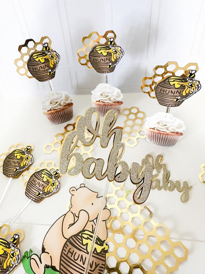 Honey Bear & Bee cake decoration, Cake topper, gold  foil honeycomb, cupcake toppers, banner, 3d letters, bear party