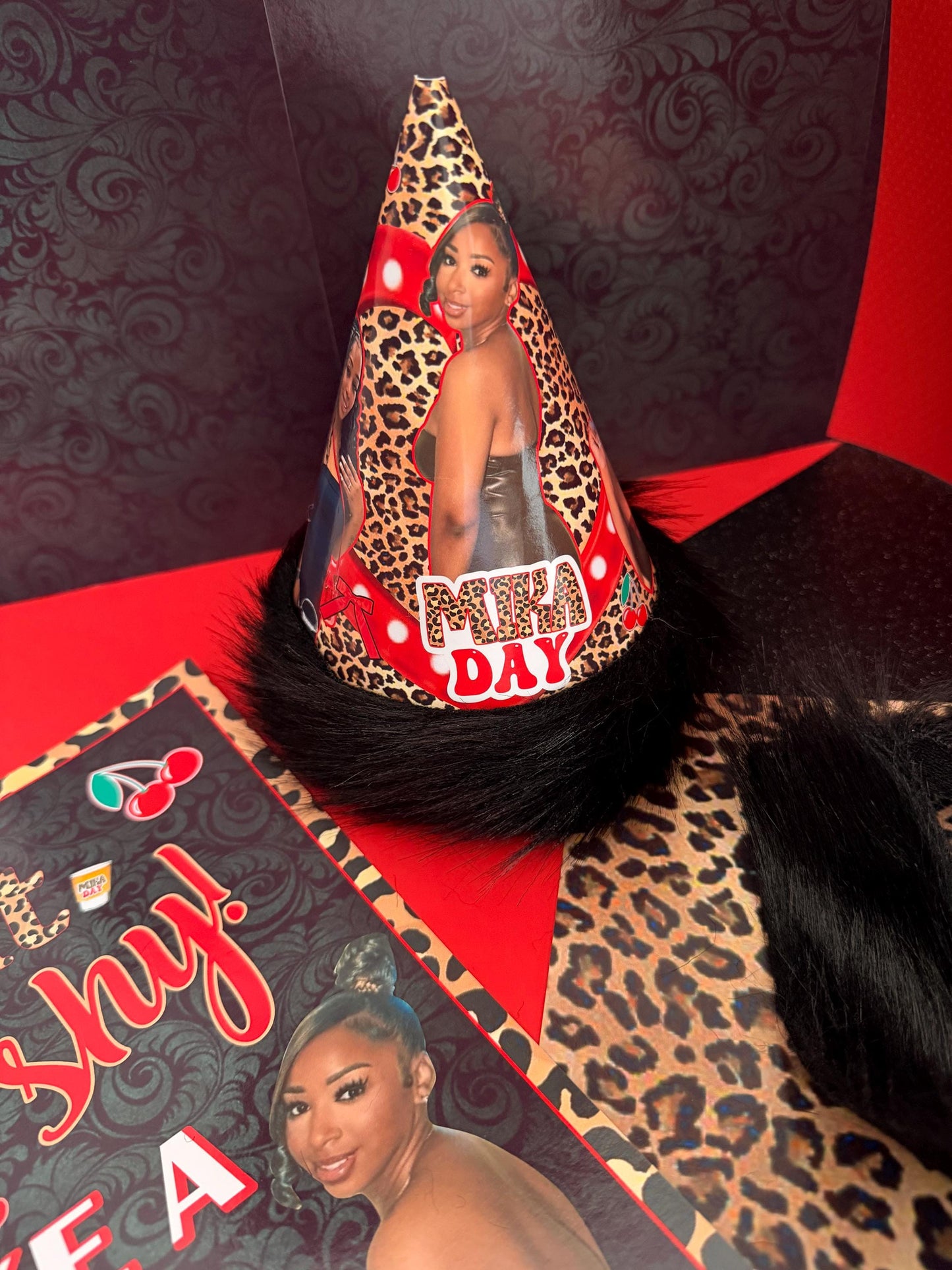 cheetah Birthday hat, cheetah cup, red cheetah birthday decoration, red cheetah sign, Cherry cheetah cups, cheetah cake topper