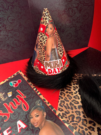cheetah Birthday hat, cheetah cup, red cheetah birthday decoration, red cheetah sign, Cherry cheetah cups, cheetah cake topper