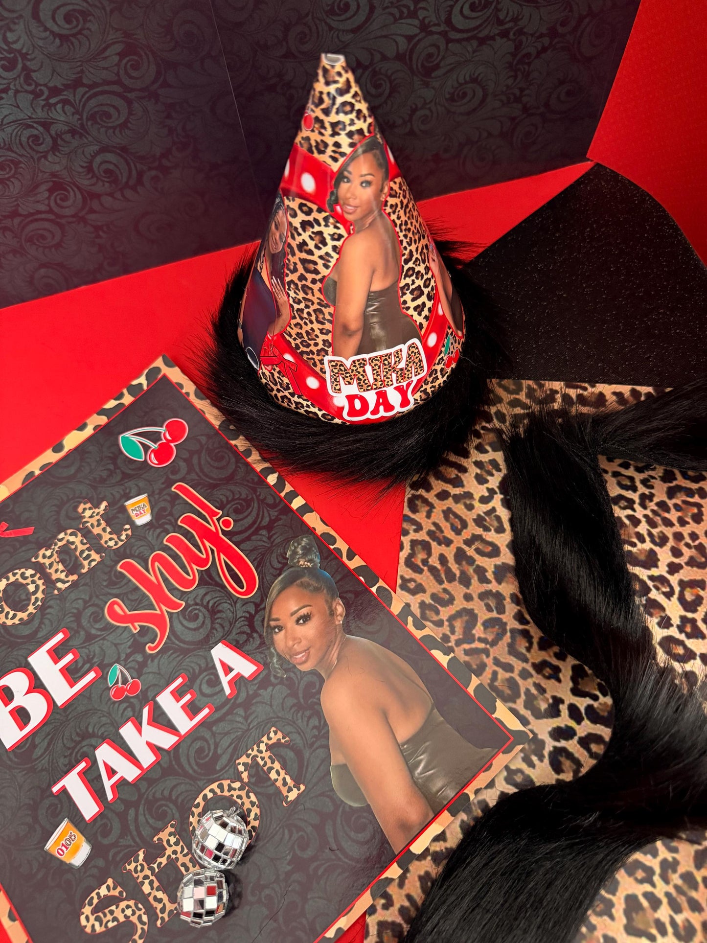cheetah Birthday hat, cheetah cup, red cheetah birthday decoration, red cheetah sign, Cherry cheetah cups, cheetah cake topper