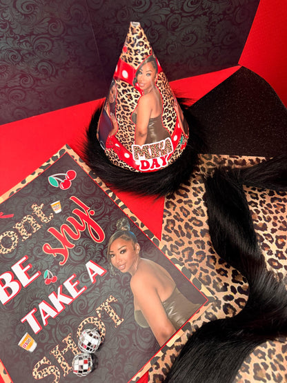 cheetah Birthday hat, cheetah cup, red cheetah birthday decoration, red cheetah sign, Cherry cheetah cups, cheetah cake topper