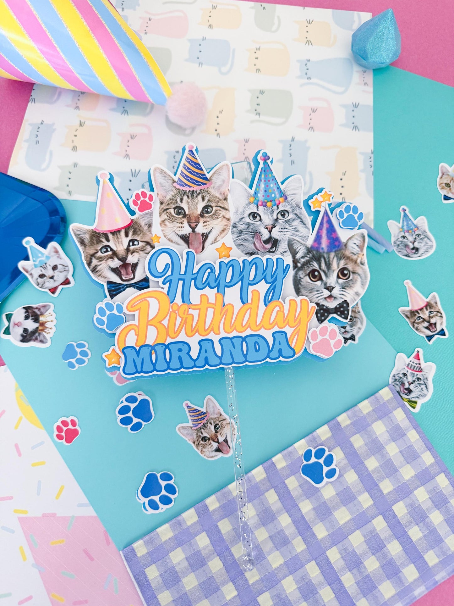 Cute Kitties Cake Topper,Cat Party Decor, Pets Birthday Theme, Cat Party Favors,Cat Face Cupcake Topper,Gift for Cat lover