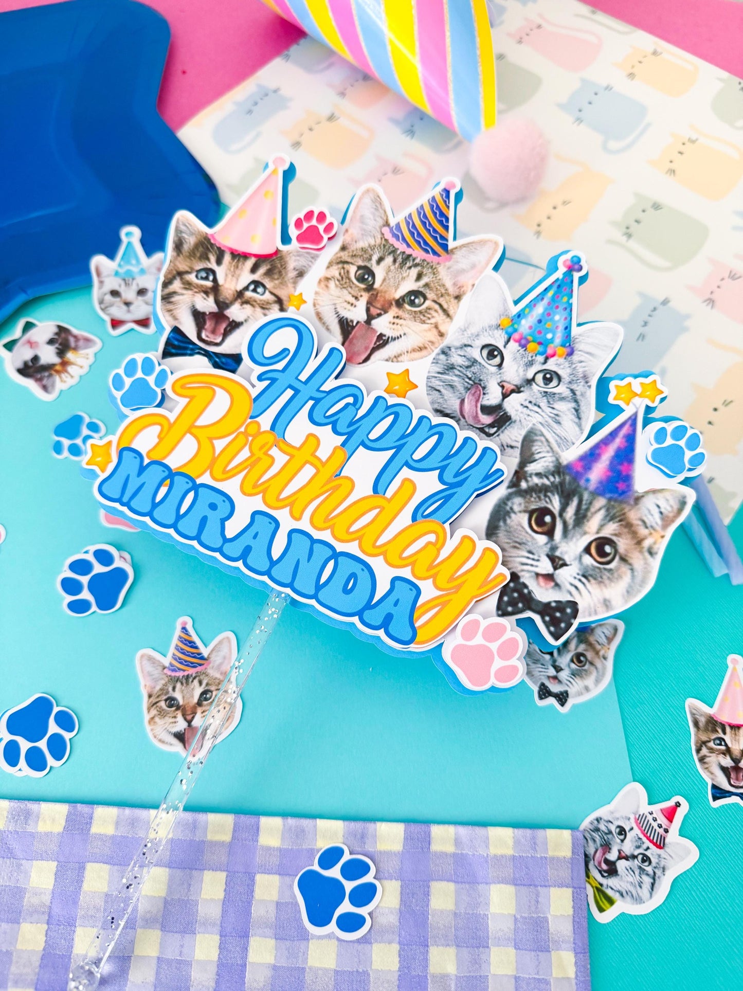 Cute Kitties Cake Topper,Cat Party Decor, Pets Birthday Theme, Cat Party Favors,Cat Face Cupcake Topper,Gift for Cat lover