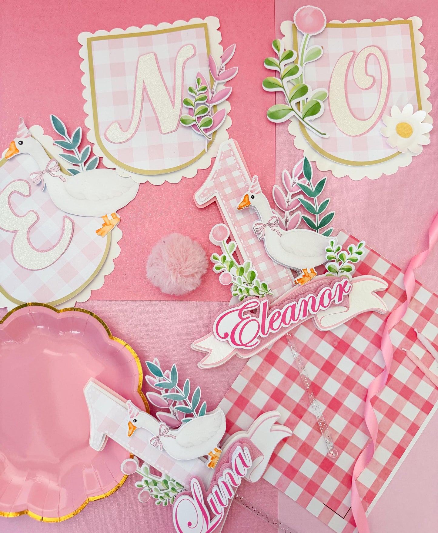 Silly Goose Birthday Party Decor: High Chair Banner & Cake Topper