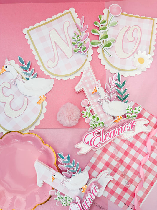 Silly Goose Birthday Party Decor: High Chair Banner & Cake Topper