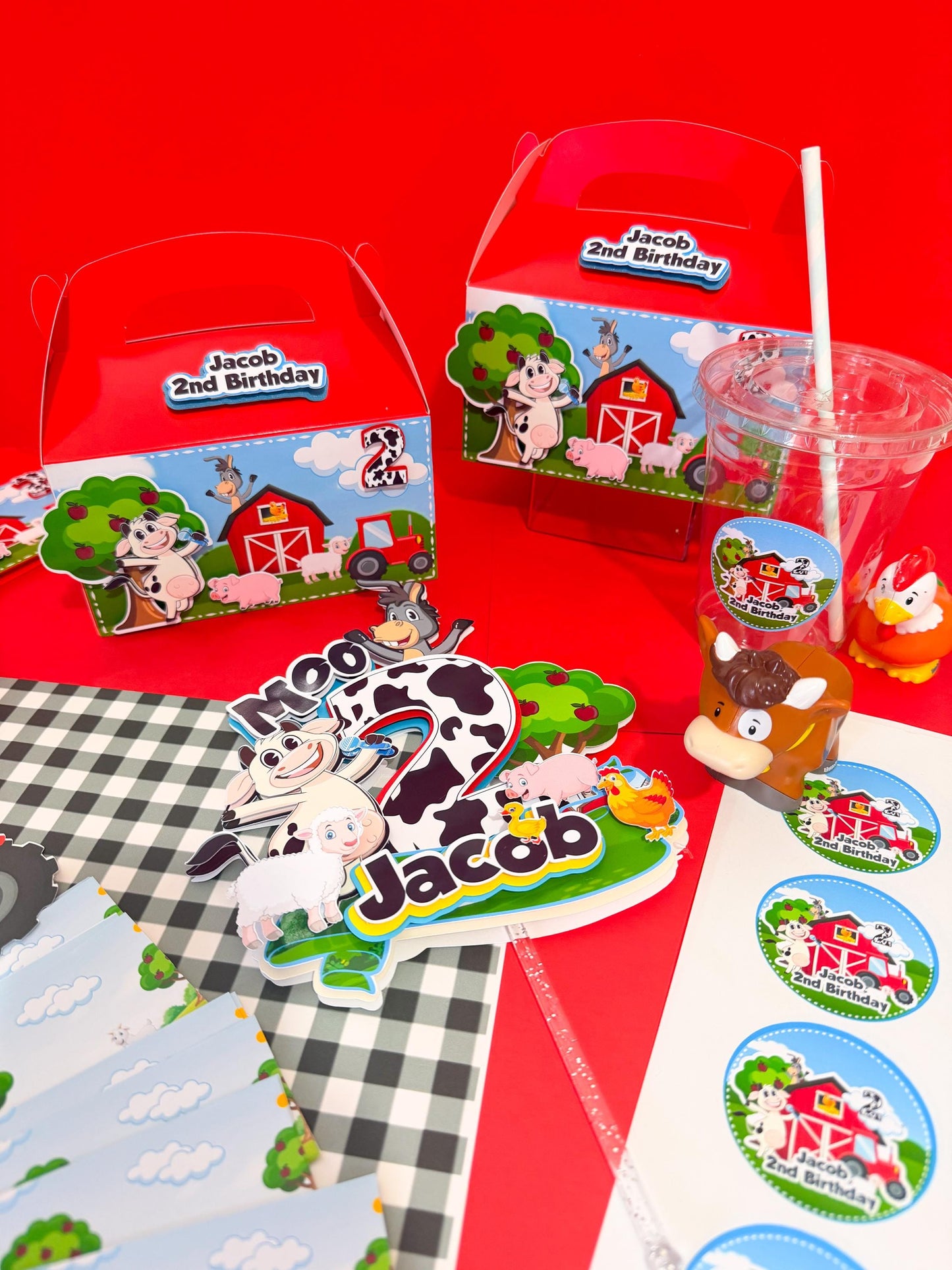 Barn Animal favor boxes,Farm birthday cup, Farm custom stickers, Farm theme baby birthday,Farm party favor boxes,Farm water labels